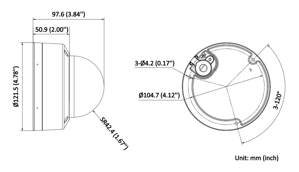 Hikvision DS-2CD2186G2-ISU dimension drawing — front / side / base view with measurements in mm