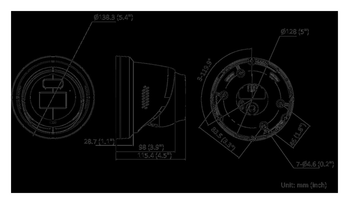Hikvision DS-2CD2387G2H-LISU/SL2 dimension drawing — front / side / base view with measurements in mm