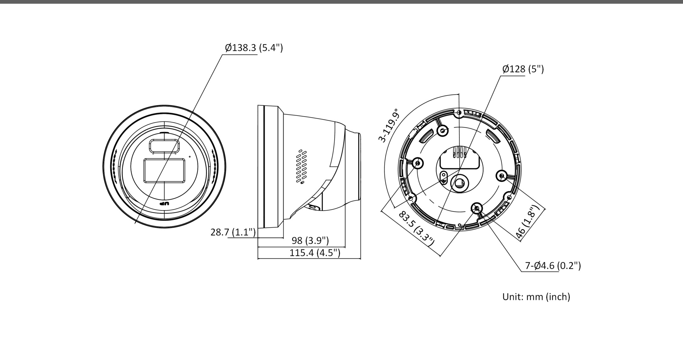 Hikvision DS-2CD2387G3-LIS2UY/SL dimension drawing — Ø138.3 mm × 115.4 mm turret