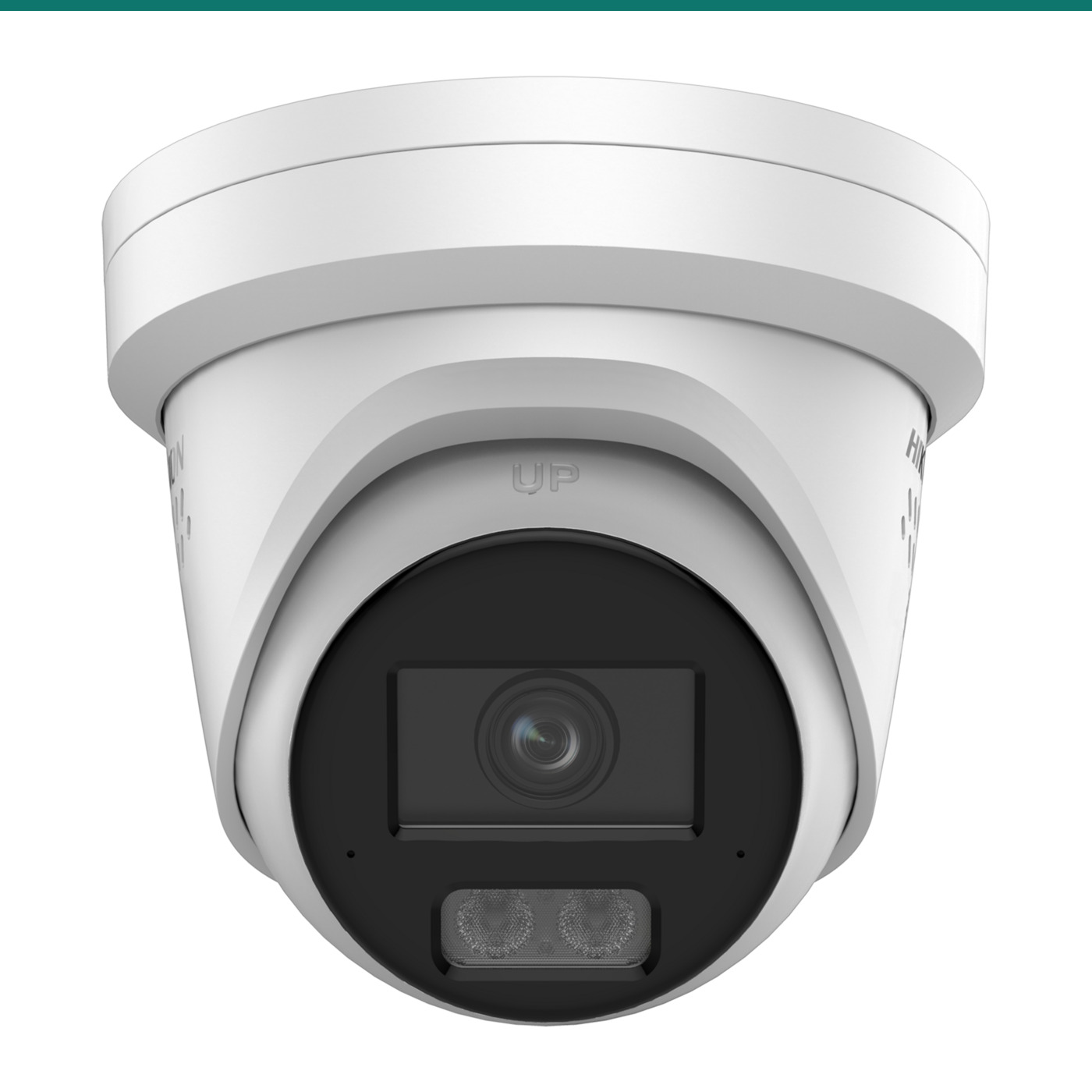 Hikvision DS-2CD2387G3-LIS2UY/SL front view — white ColorVu turret with dual microphones and strobe