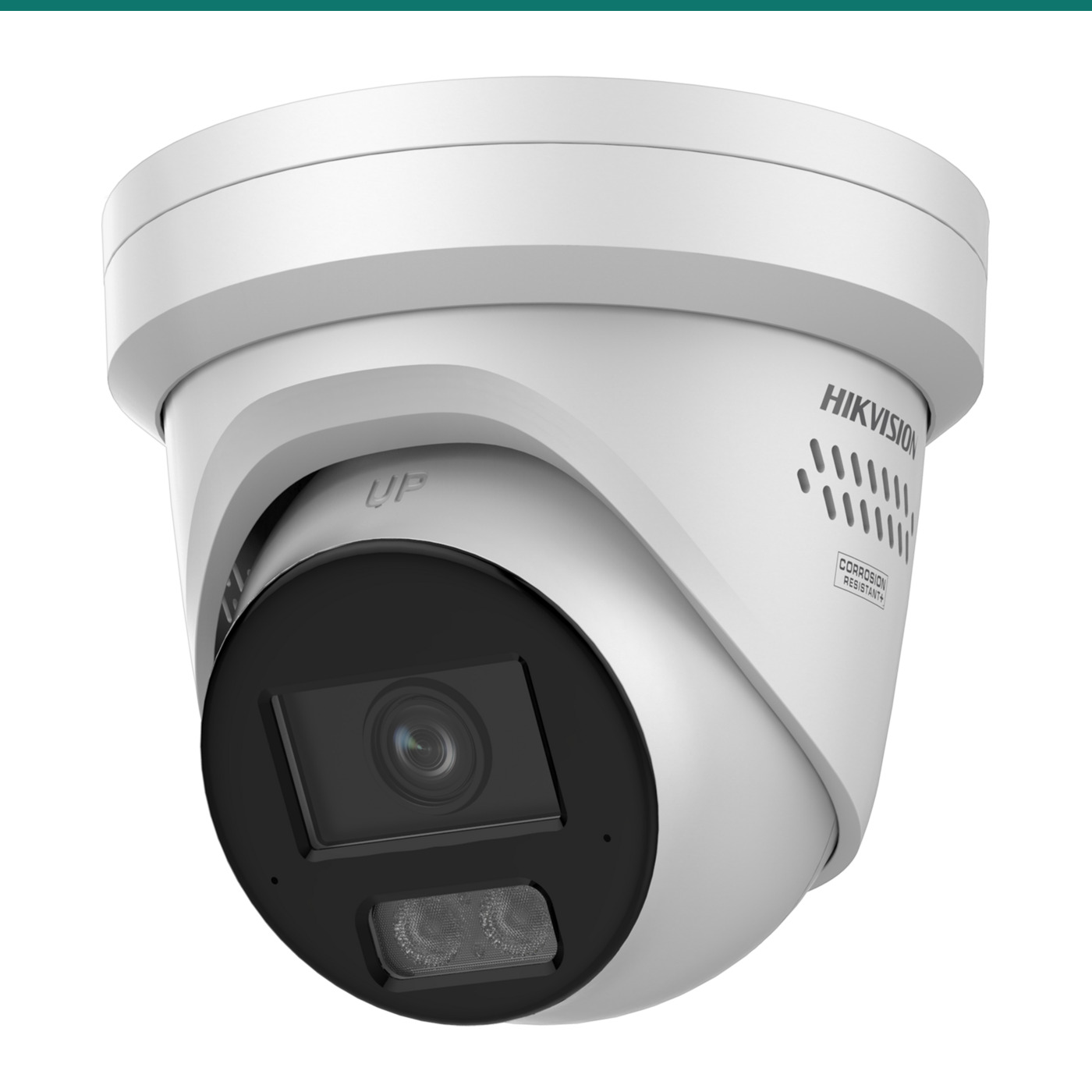 Hikvision DS-2CD2387G3-LIS2UY/SL side view — white turret showing speaker and mounting base