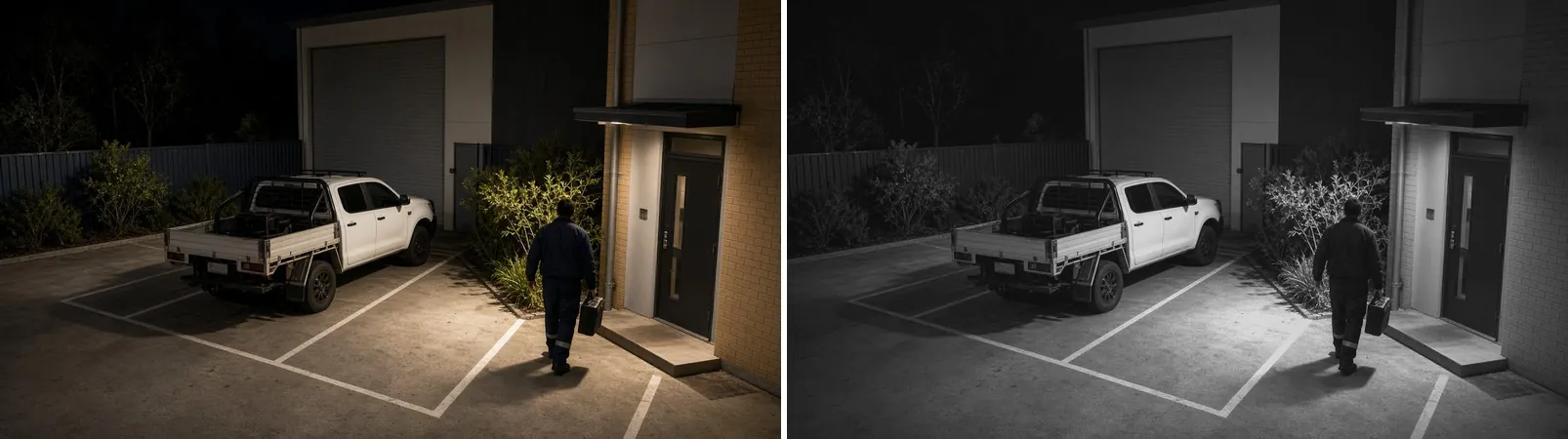 The same yard at night, in colour with the spotlight and in black and white on infrared