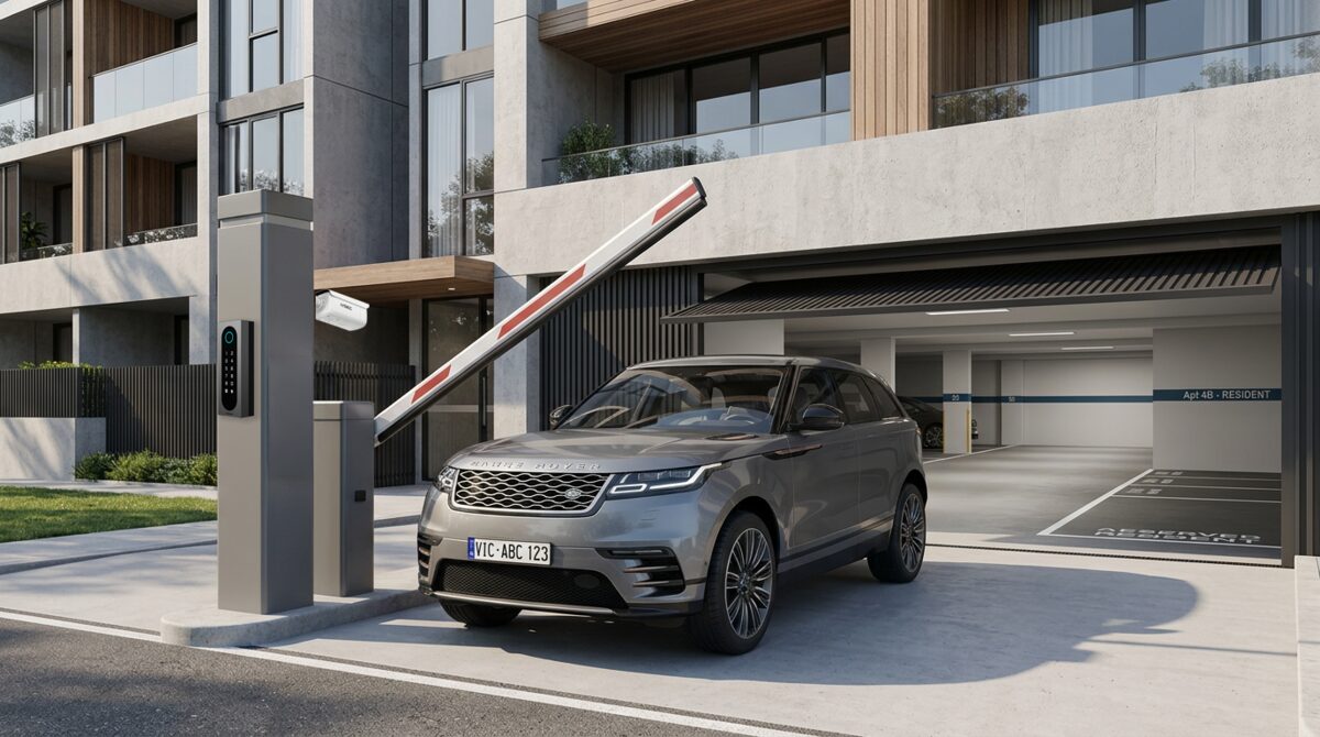 Vehicle with Australian number plate arriving at an apartment boom gate controlled by IVSEC LPR and an Akuvox access pillar