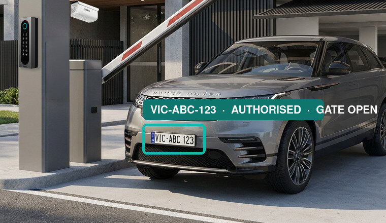 Number plate VIC-ABC-123 captured and recognised by the IVSEC NC529XA — authorised, gate opening
