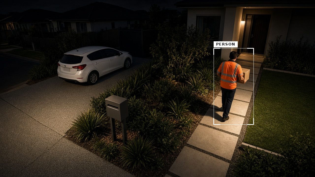Camera view at night in colour with a courier outlined by AI person detection