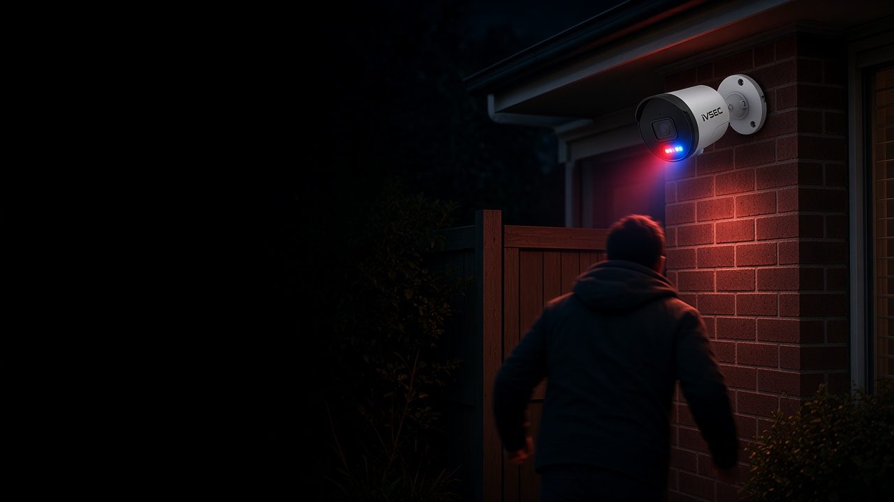 IVSEC 850B camera flashing red and blue strobe lights at a person approaching a side gate at night