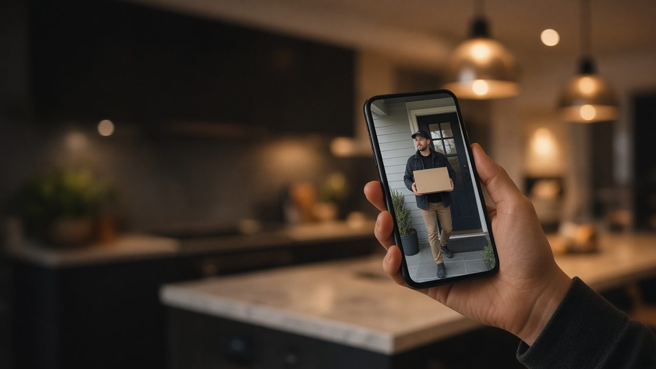 Live camera view of a courier at the front door on a phone held in a kitchen
