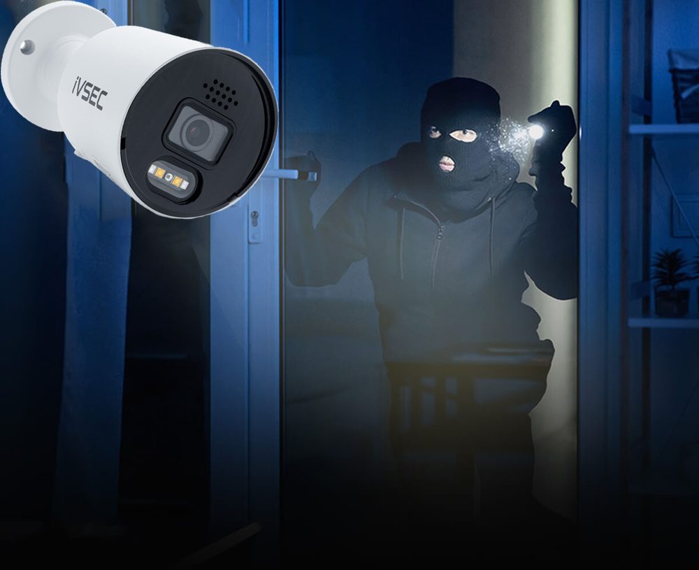 IVSEC 880B camera lighting up an intruder at a door at night