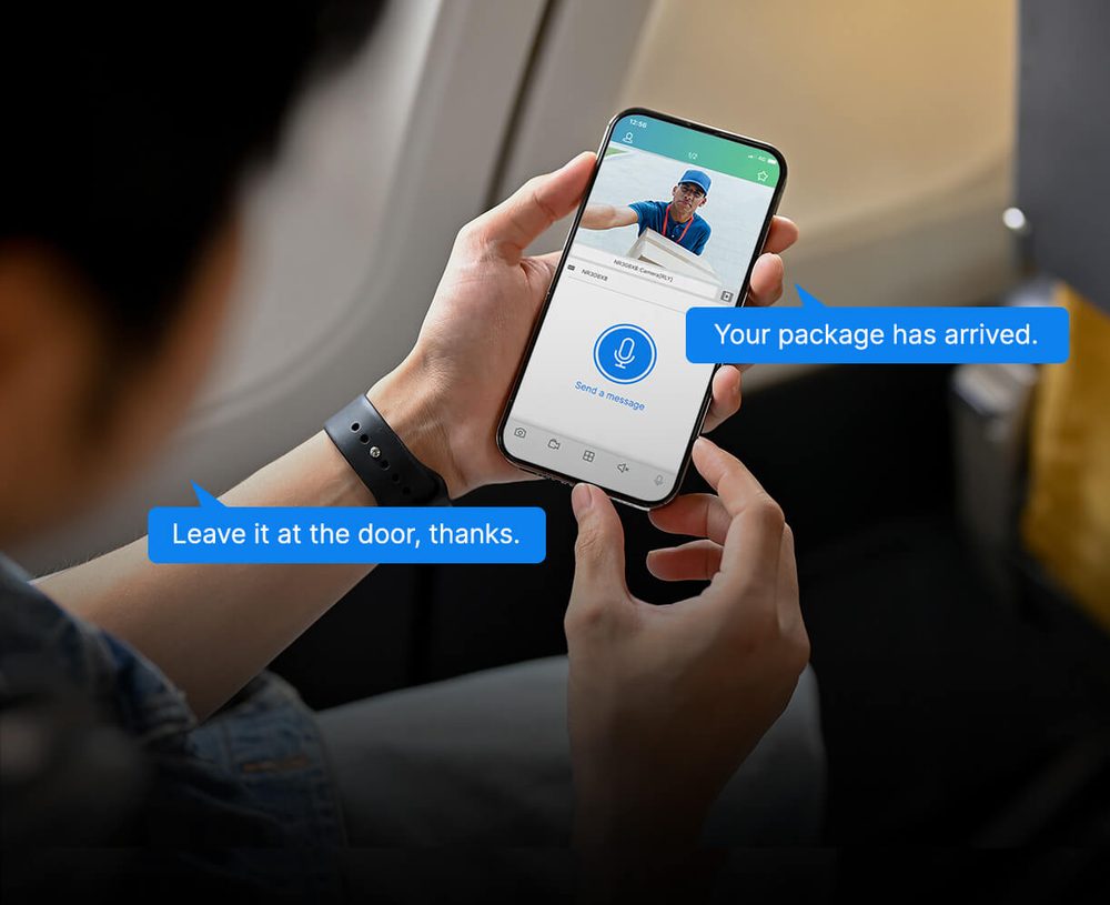 Phone showing a live camera view of a courier with two-way audio messages