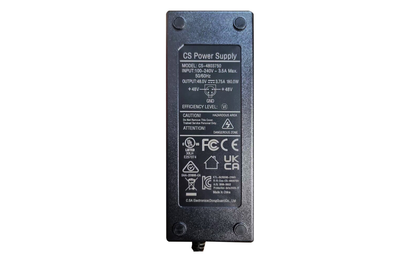 CS-4803750 label showing 48V 3.75A 180W output