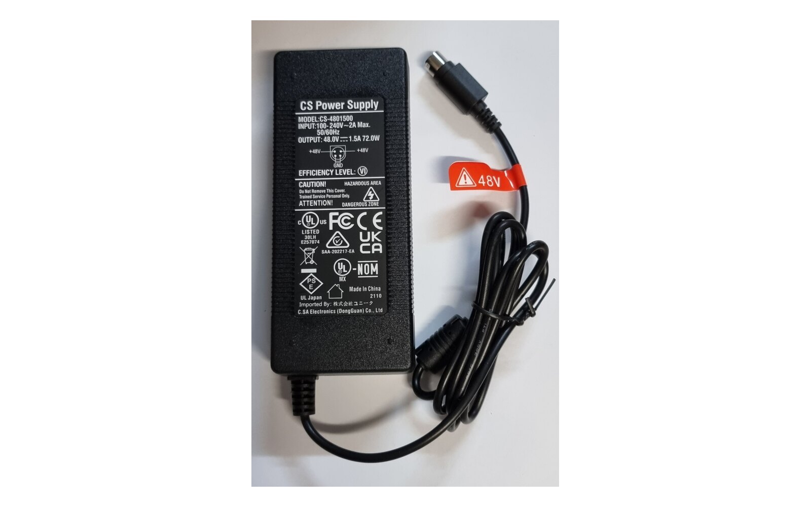 CS-4801500 label showing 48V 1.5A 72W output
