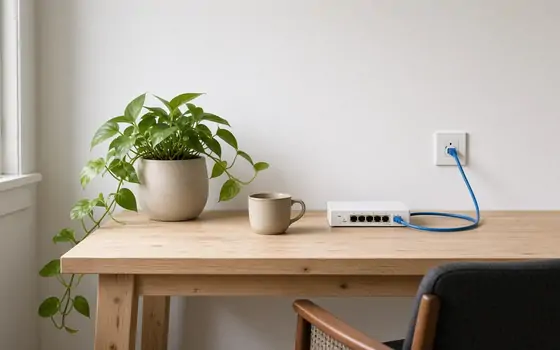 Home study desk with a network switch and cable to a wall data point