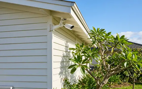 Security camera mounted under the eave of a weatherboard house