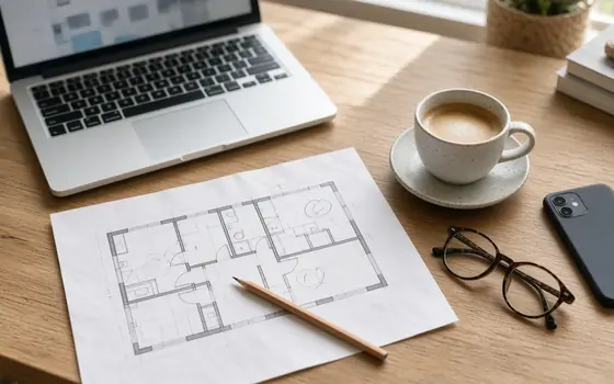 House floor plan, laptop and coffee on a timber table