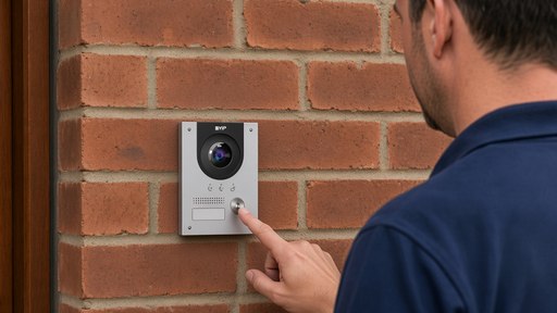 Visitor pressing the call button on a VIP video intercom