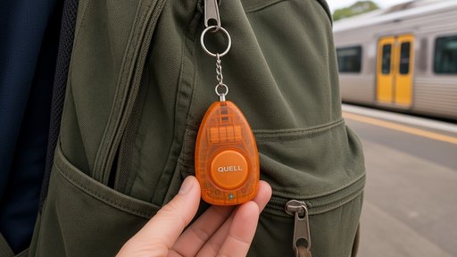 Orange Quell personal alarm clipped to a backpack zip