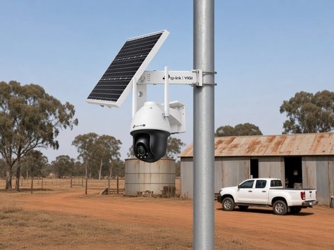Solar 4G camera kit on a pole at a farm gate