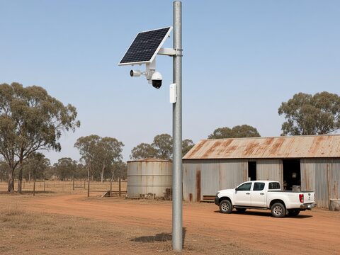Solar power system on a pole beside a farm shed