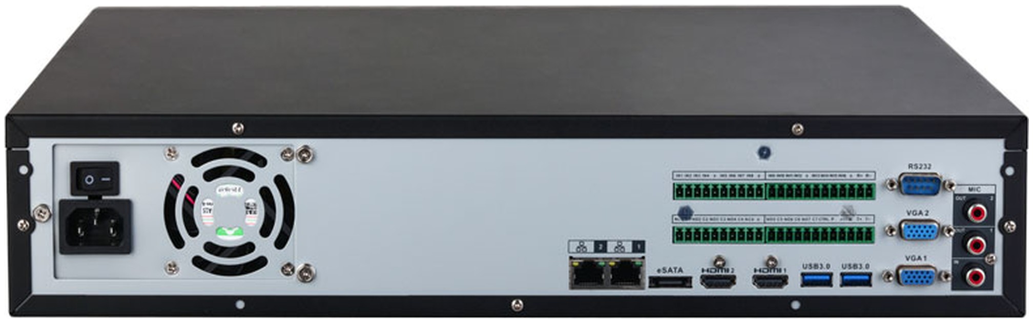 NVR64PRO-I4 rear panel, dual Gigabit, HDMI, VGA, alarm and mains