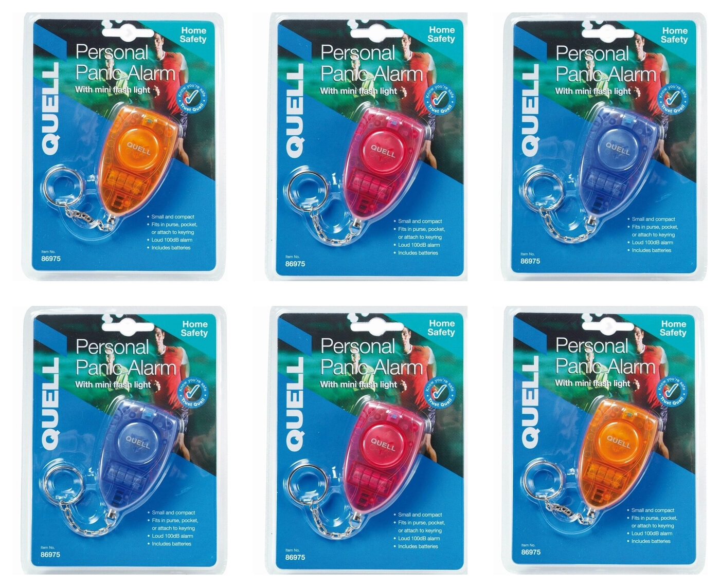 Quell 6 pack of personal panic alarms - 2 red, 2 blue and 2 orange in genuine retail blister packs