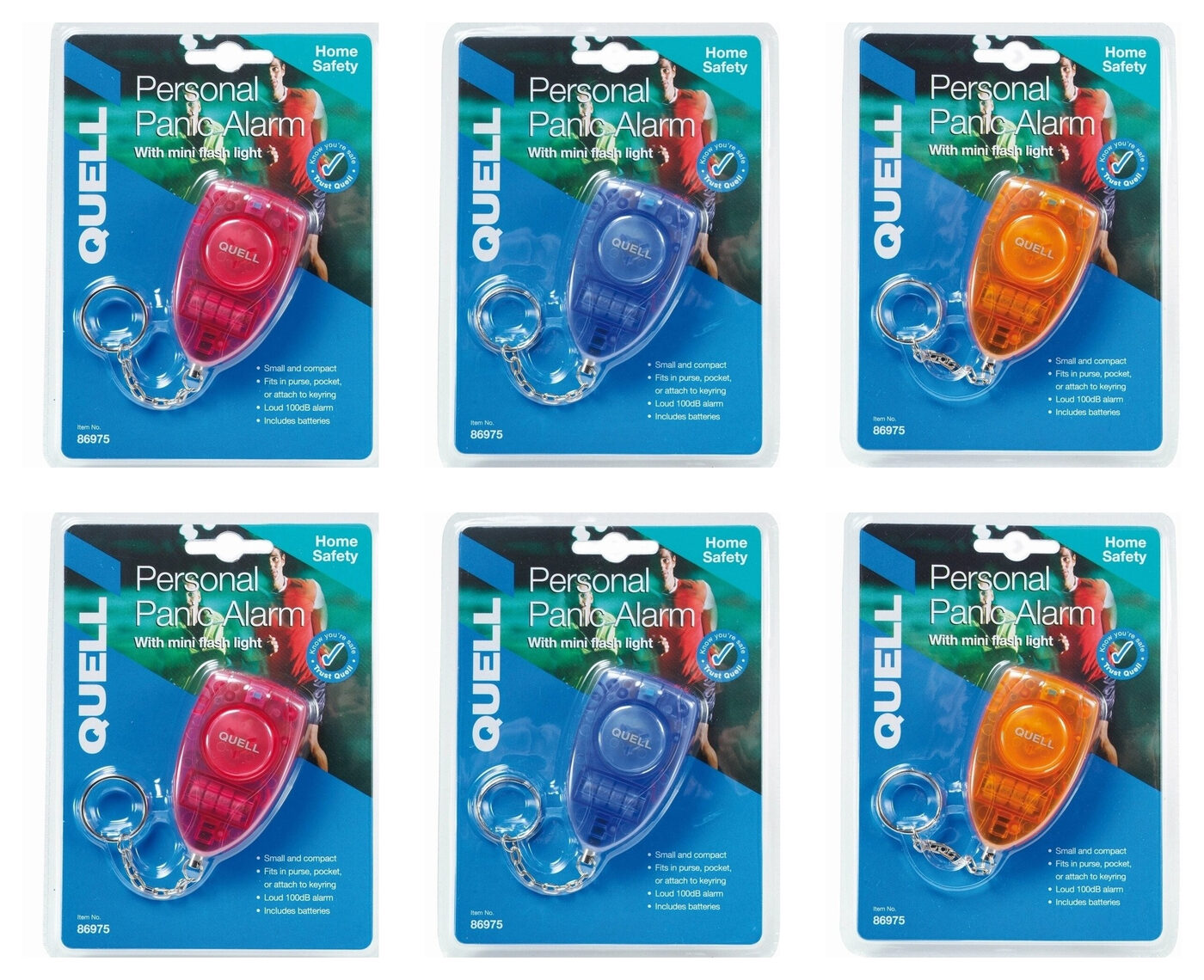 Quell Personal Panic Alarm 6 Pack - 2 red, 2 blue and 2 orange in genuine retail packaging