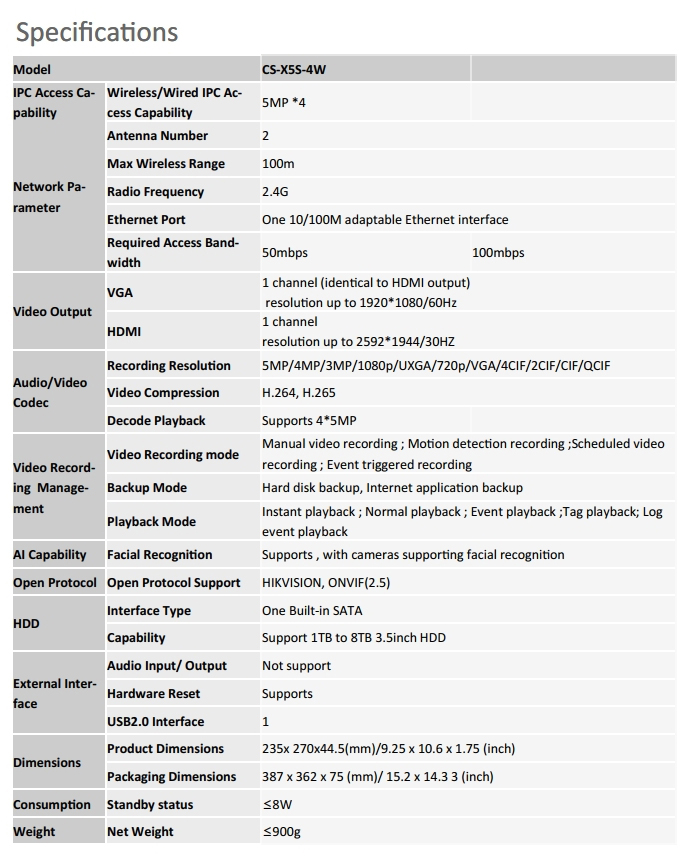 Ezviz Wireless NVR Technical Specifications