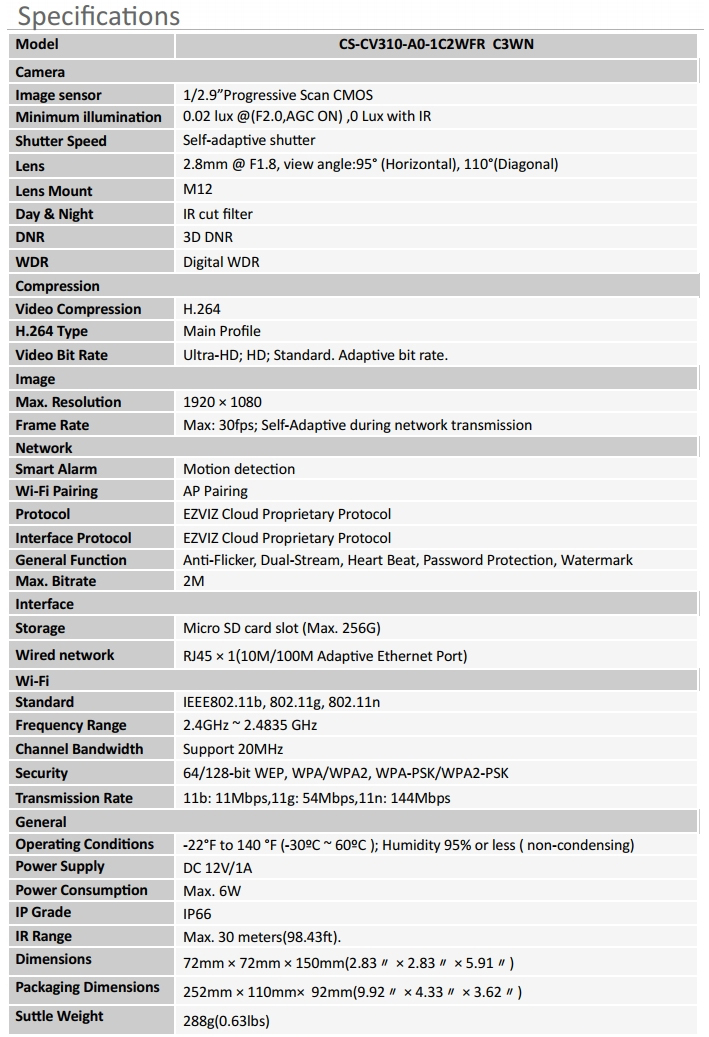 Ezviz Wireless C3WN full Specifications