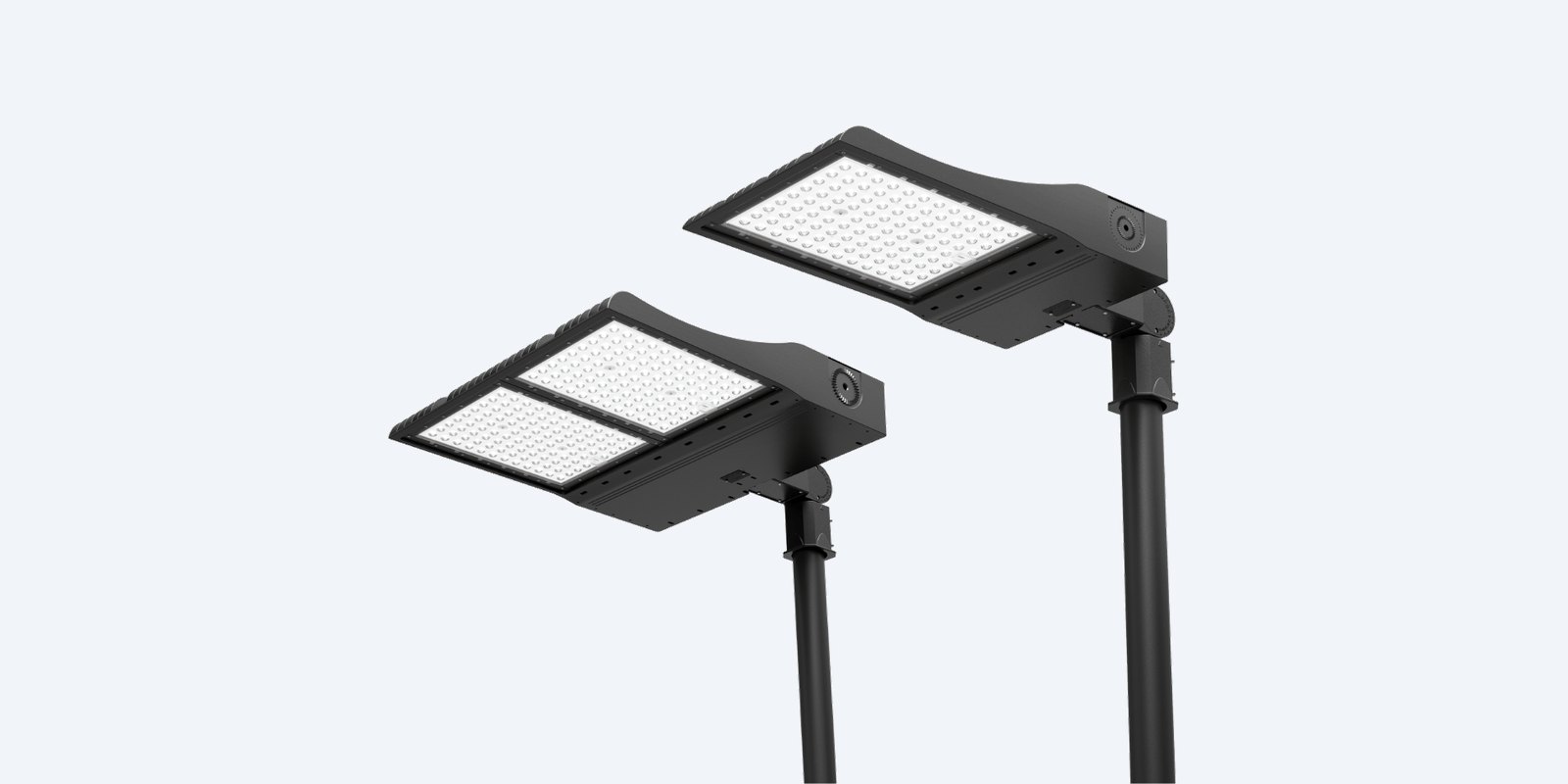 Two Rapid LED MAVERICK floodlights on poles, single and twin module