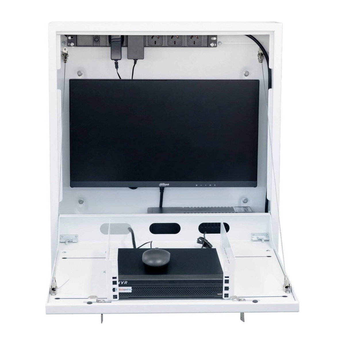 Datatek 24SECCAB wall cabinet open, showing monitor mount, 2RU rail and PDU