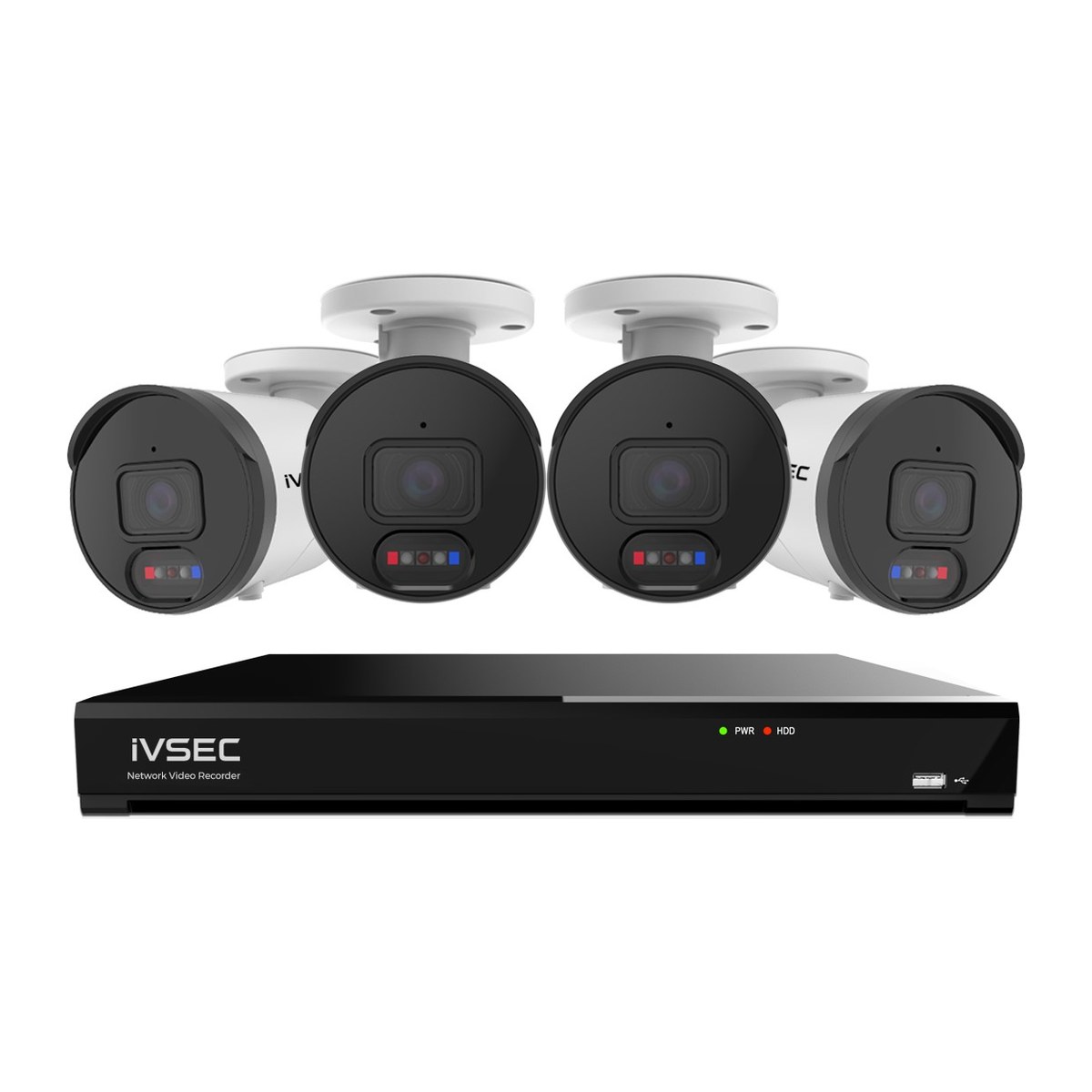 IVSEC IVNR8-8000-2T 8-channel NVR with four IVNC-850B 8MP AI bullet cameras