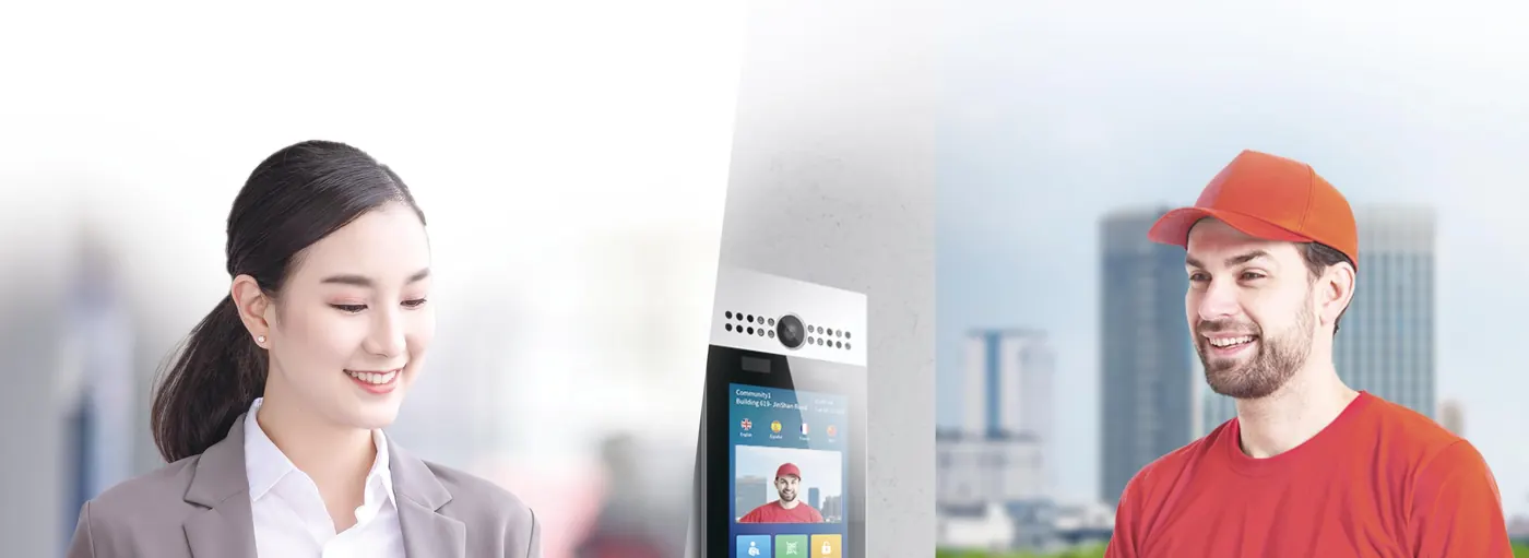 Resident and courier at an apartment entrance door phone