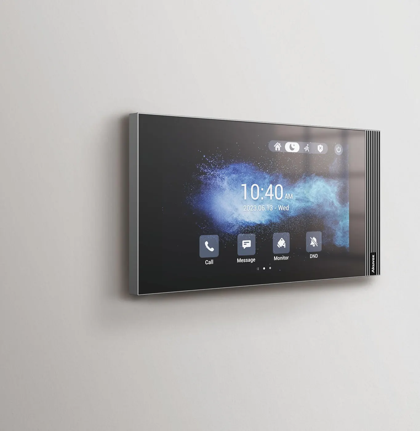 Akuvox indoor monitor mounted on a living-room wall