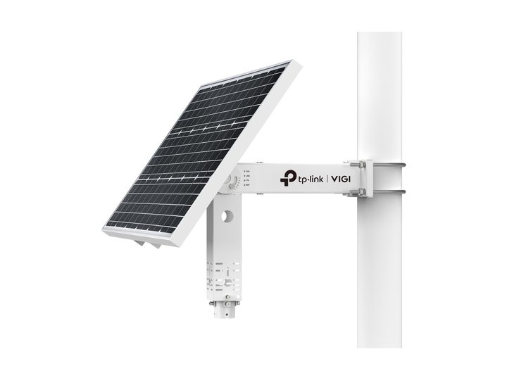 TP-Link VIGI-SP6020 solar panel and battery arm clamped to a pole