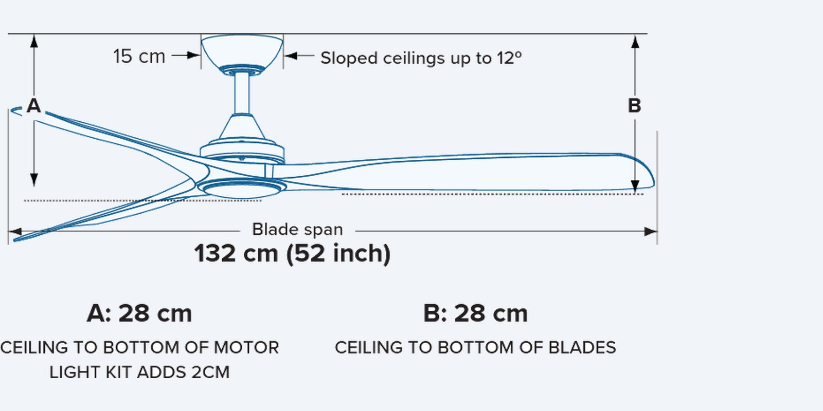 ThreeSixty Spitfire DC 52" dimensions, blade span and ceiling drop