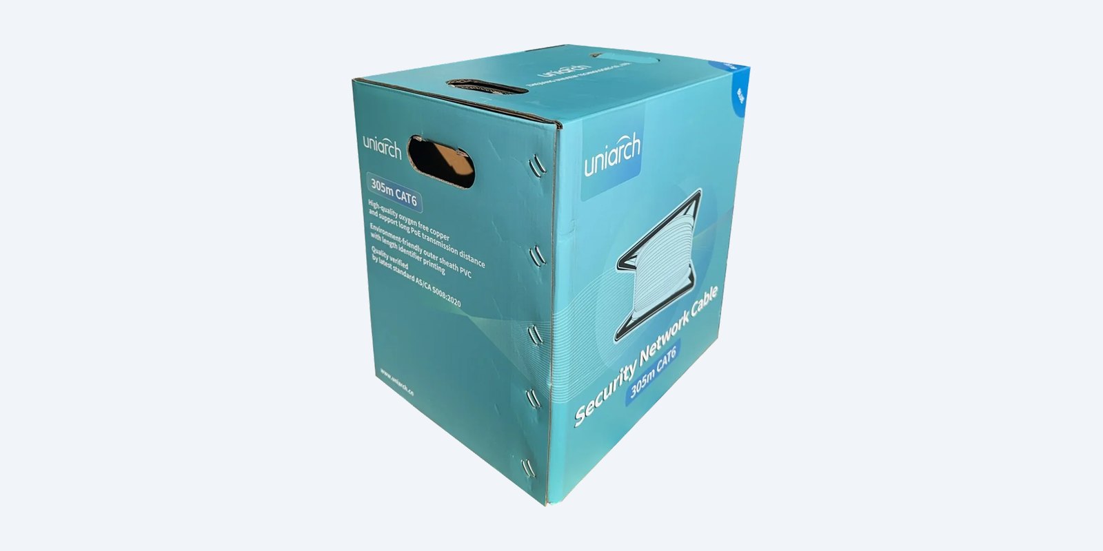 Uniarch Cat6 305m pull-box carton with standards printed on the side