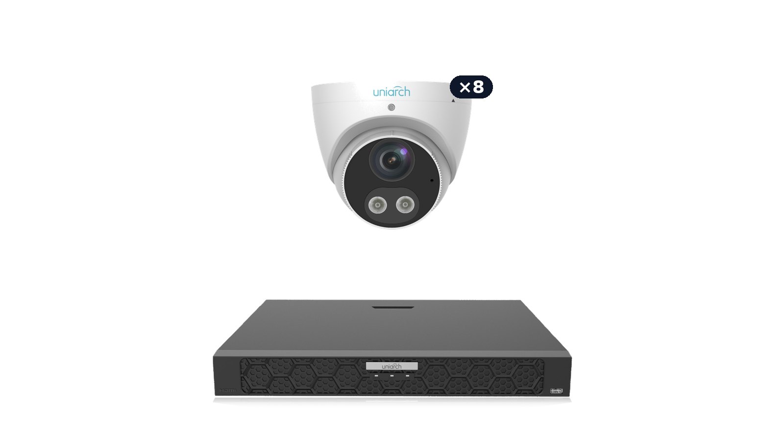 Uniarch Tri-Guard Fortress Kit: eight Tri-Guard 8MP 4K turrets with the NVR-216B-P16 recorder