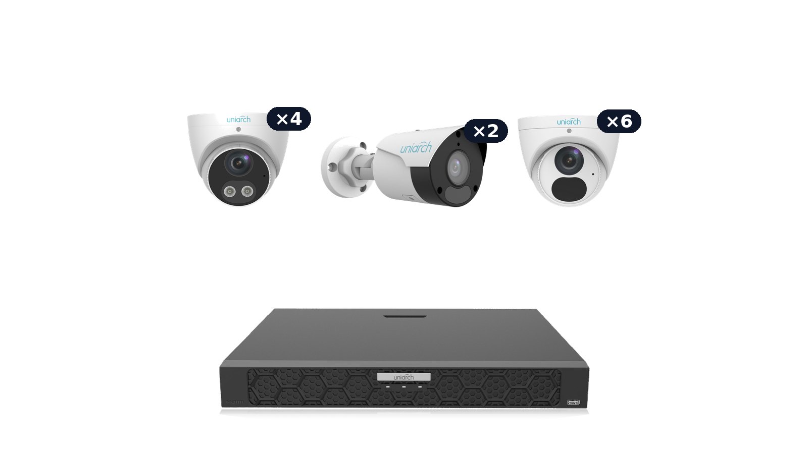 Uniarch Business Pro Kit: two 8MP 4K bullets, four Tri-Guard 8MP 4K turrets and six 8MP 4K turrets with the NVR-216B-P16 recorder