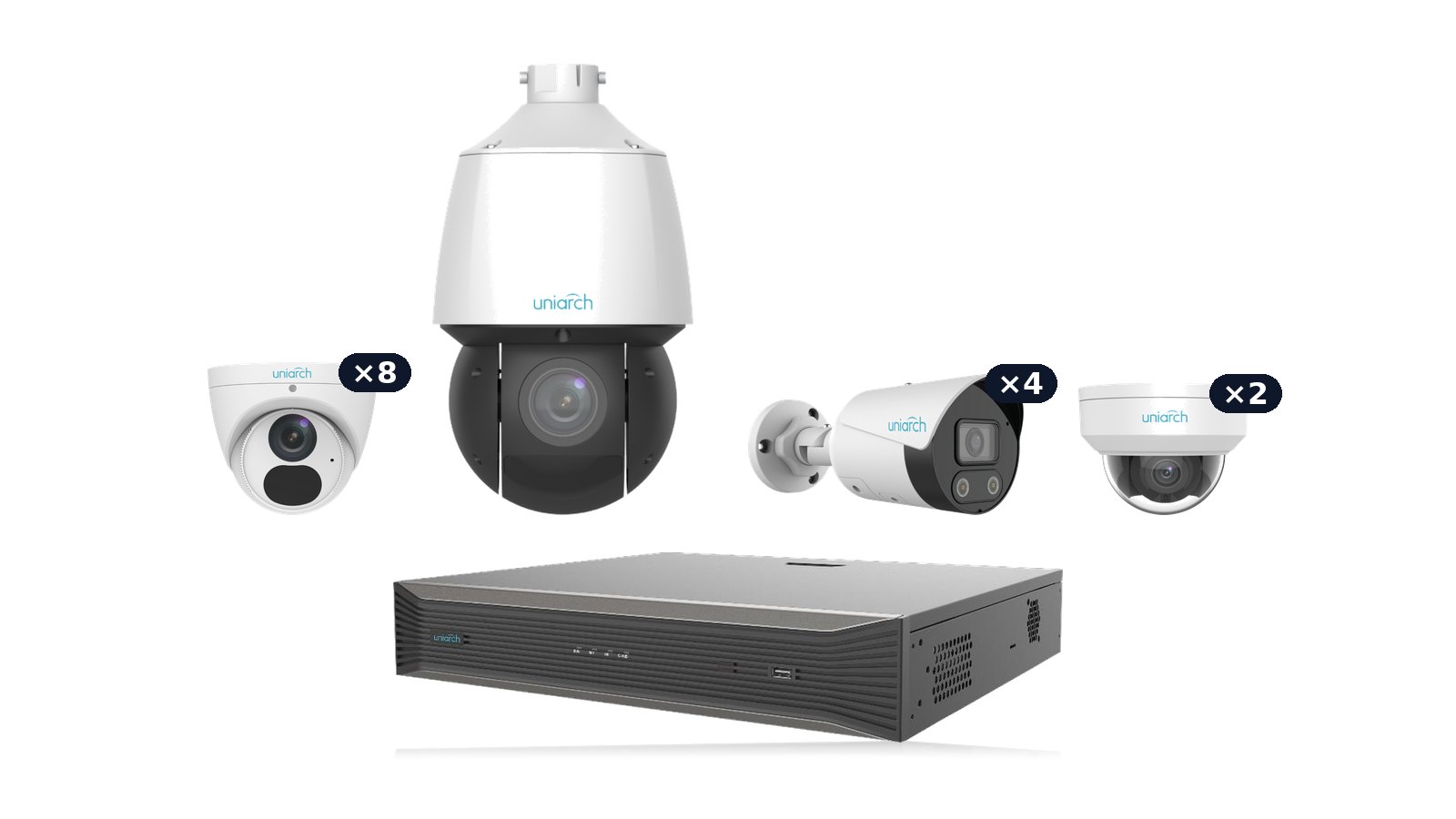 Uniarch Commercial Command Kit: four Tri-Guard 8MP 4K bullets, one 4MP 25× zoom PTZ, two 8MP 4K vandal domes and eight 8MP 4K turrets with the NVR-432XU-P16 recorder