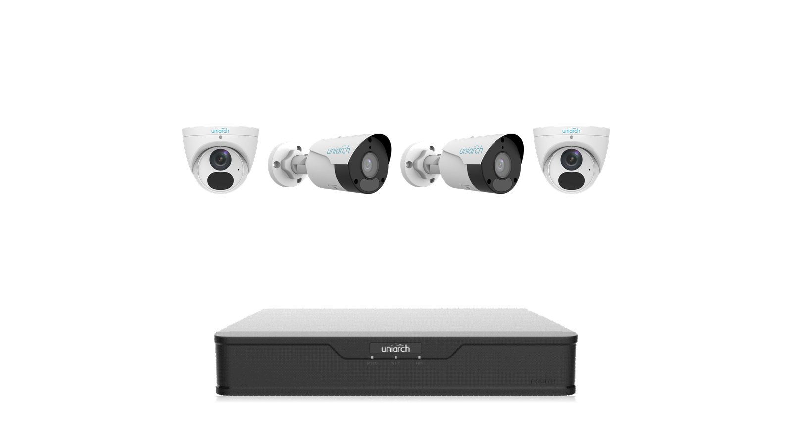 Uniarch Driveway & Doors Kit: two 8MP 4K bullets and two 8MP 4K turrets with the NVR-104B-P4 recorder