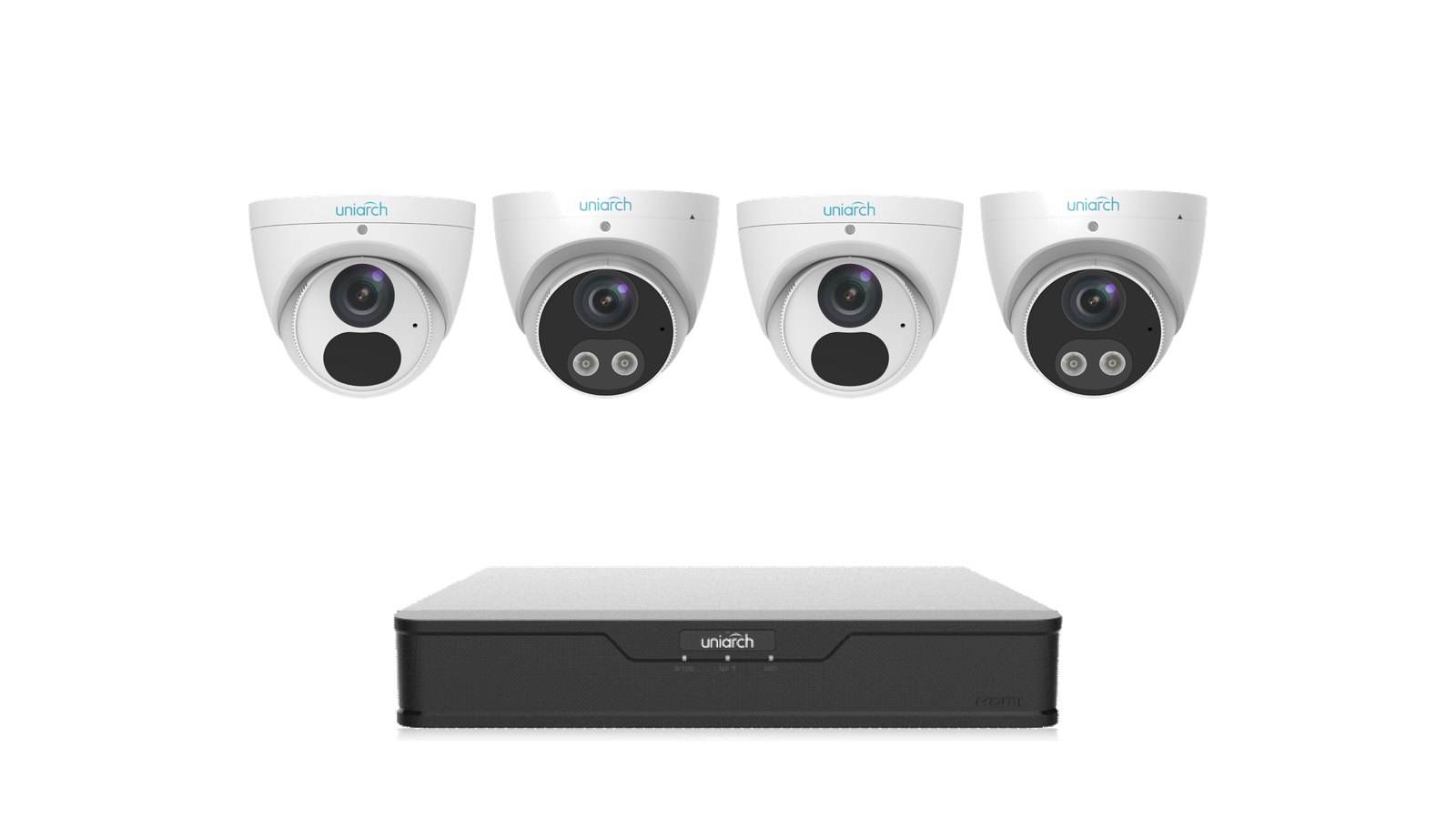 Uniarch Front Door Guard Kit: two Tri-Guard 8MP 4K turrets and two 8MP 4K turrets with the NVR-104B-P4 recorder