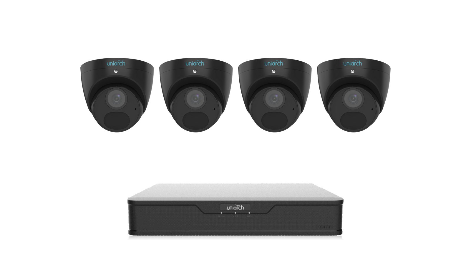 Uniarch Midnight 4K Kit: four 8MP 4K turrets, black with the NVR-104B-P4 recorder