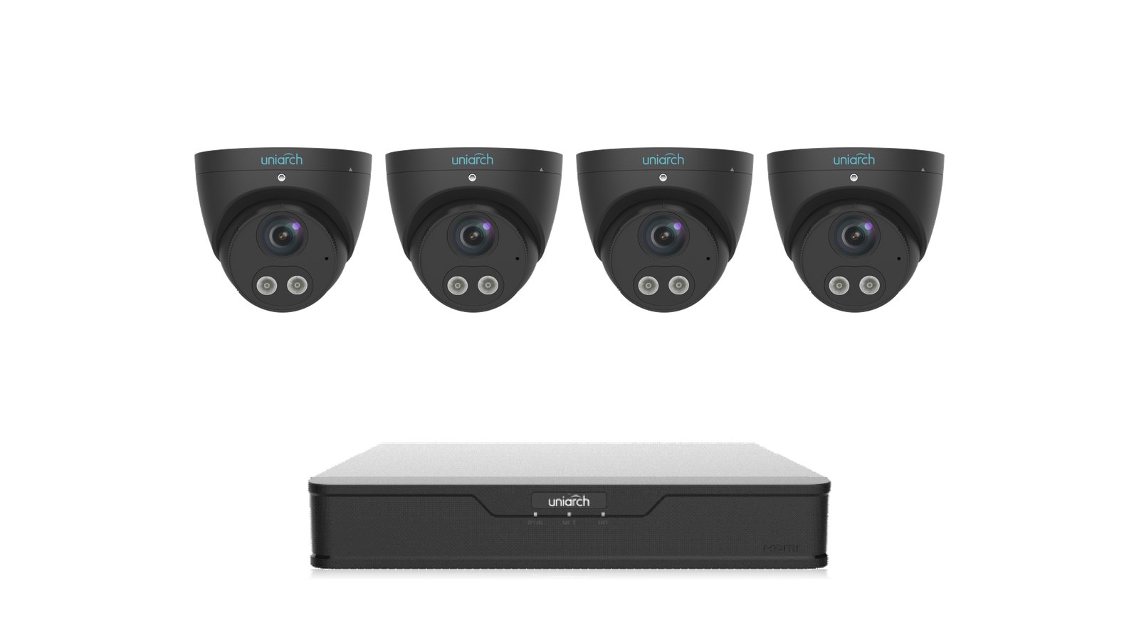 Uniarch Tri-Guard 4K Black Kit: four Tri-Guard 8MP 4K turrets, black with the NVR-108B-P8 recorder