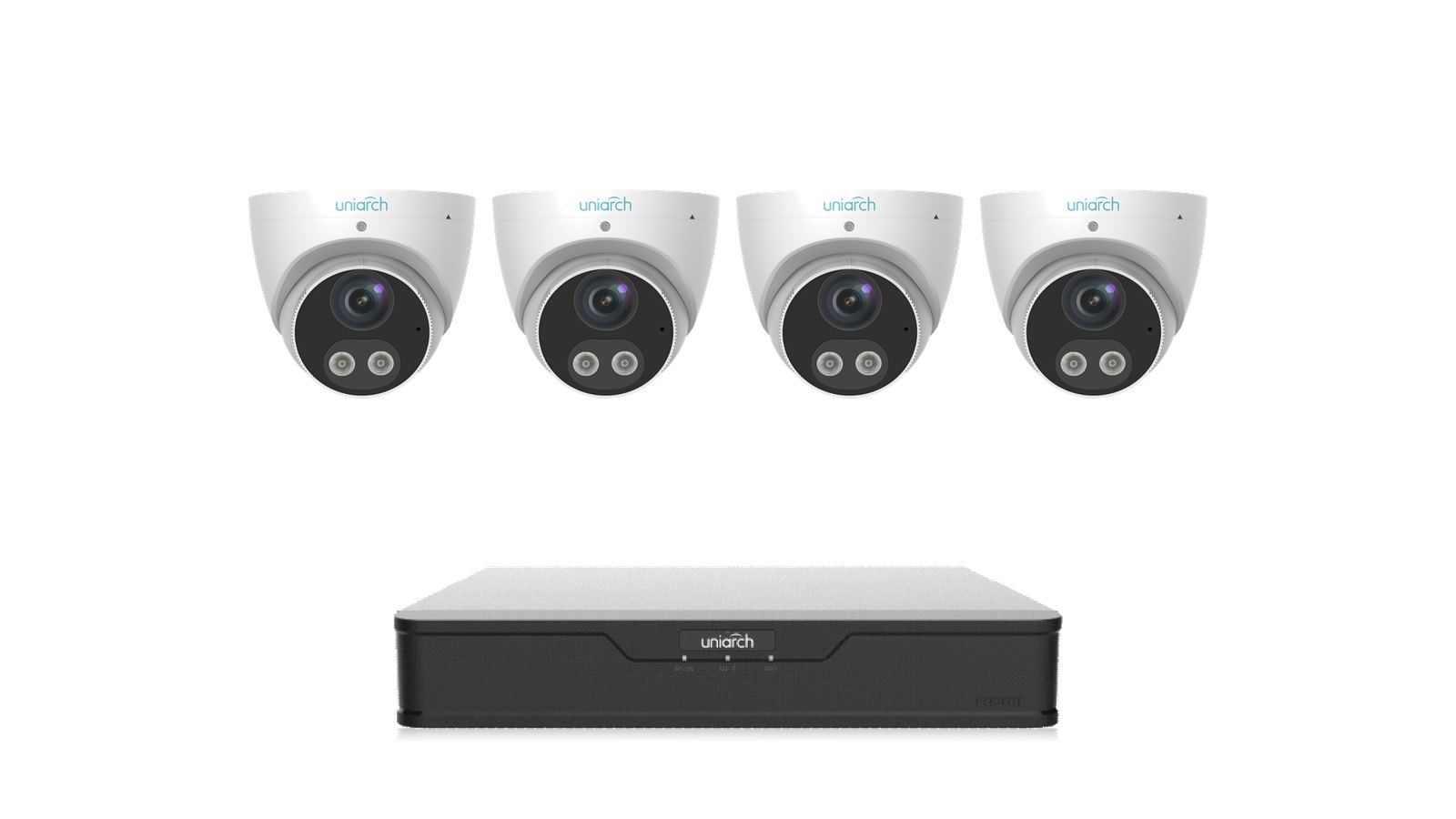 Uniarch Tri-Guard 4K Kit: four Tri-Guard 8MP 4K turrets with the NVR-108B-P8 recorder