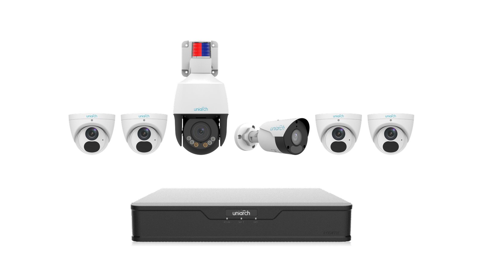 Uniarch Acreage Watch Kit: one 5MP 4× zoom mini PTZ, one 8MP 4K bullet and four 8MP 4K turrets with the NVR-108B-P8 recorder