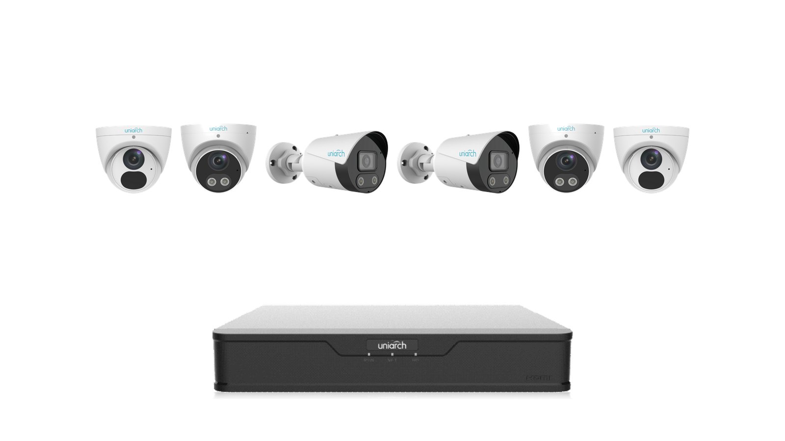 Uniarch Active Deterrence Kit: two Tri-Guard 8MP 4K bullets, two Tri-Guard 8MP 4K turrets and two 8MP 4K turrets with the NVR-108B-P8 recorder