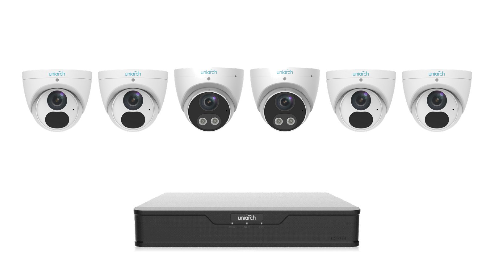 Uniarch Perimeter Plus Kit: two Tri-Guard 8MP 4K turrets and four 8MP 4K turrets with the NVR-108B-P8 recorder