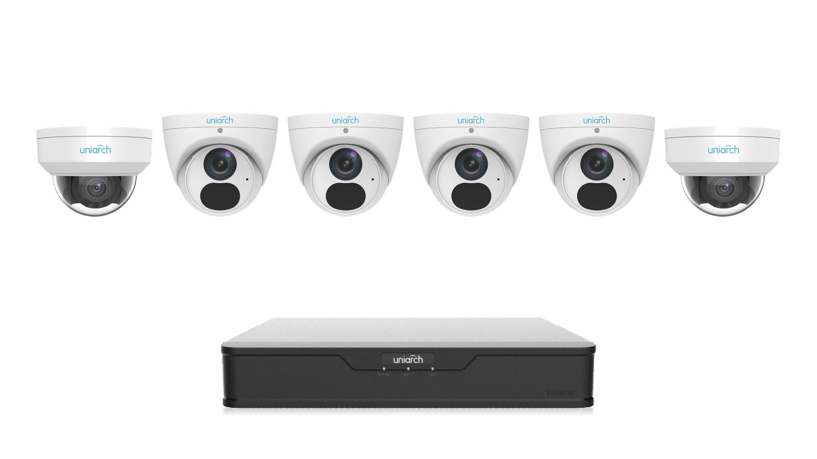 Uniarch Shop & Office Kit: two 8MP 4K vandal domes and four 8MP 4K turrets with the NVR-108B-P8 recorder