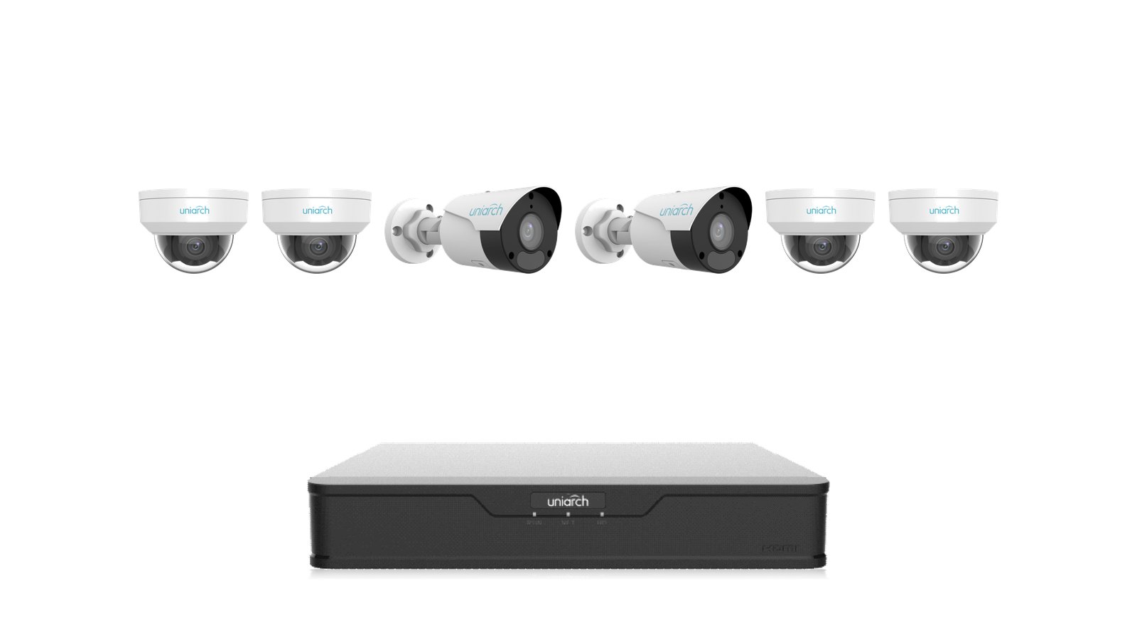 Uniarch Business Value 6MP Kit: two 6MP bullets and four 6MP vandal domes with the NVR-108B-P8 recorder