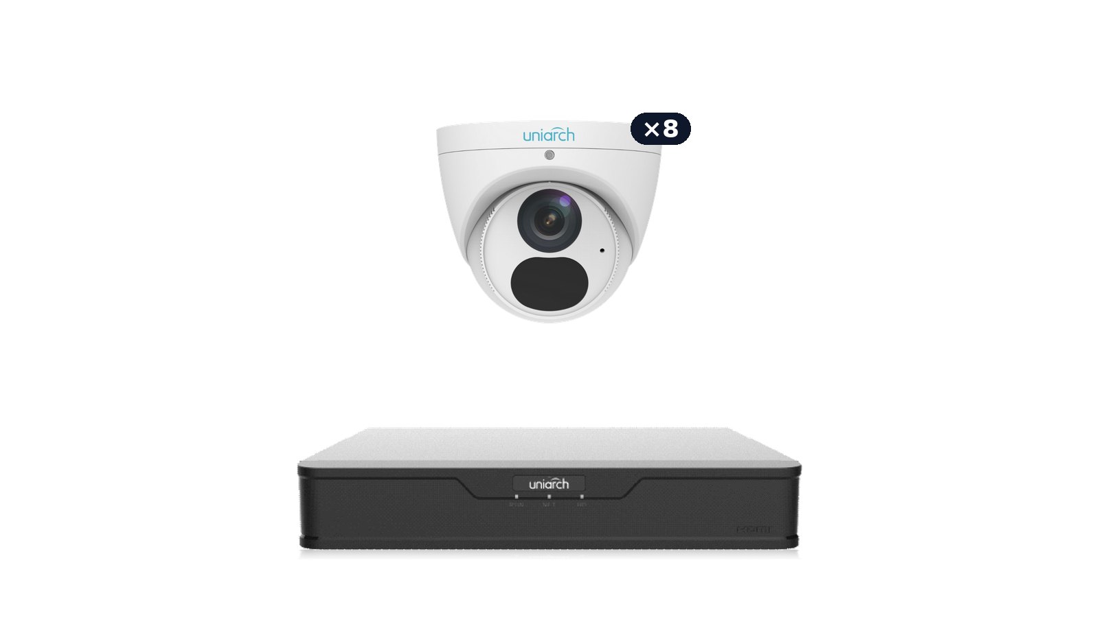 Uniarch Full Cover 4K Kit: eight 8MP 4K turrets with the NVR-108B-P8 recorder