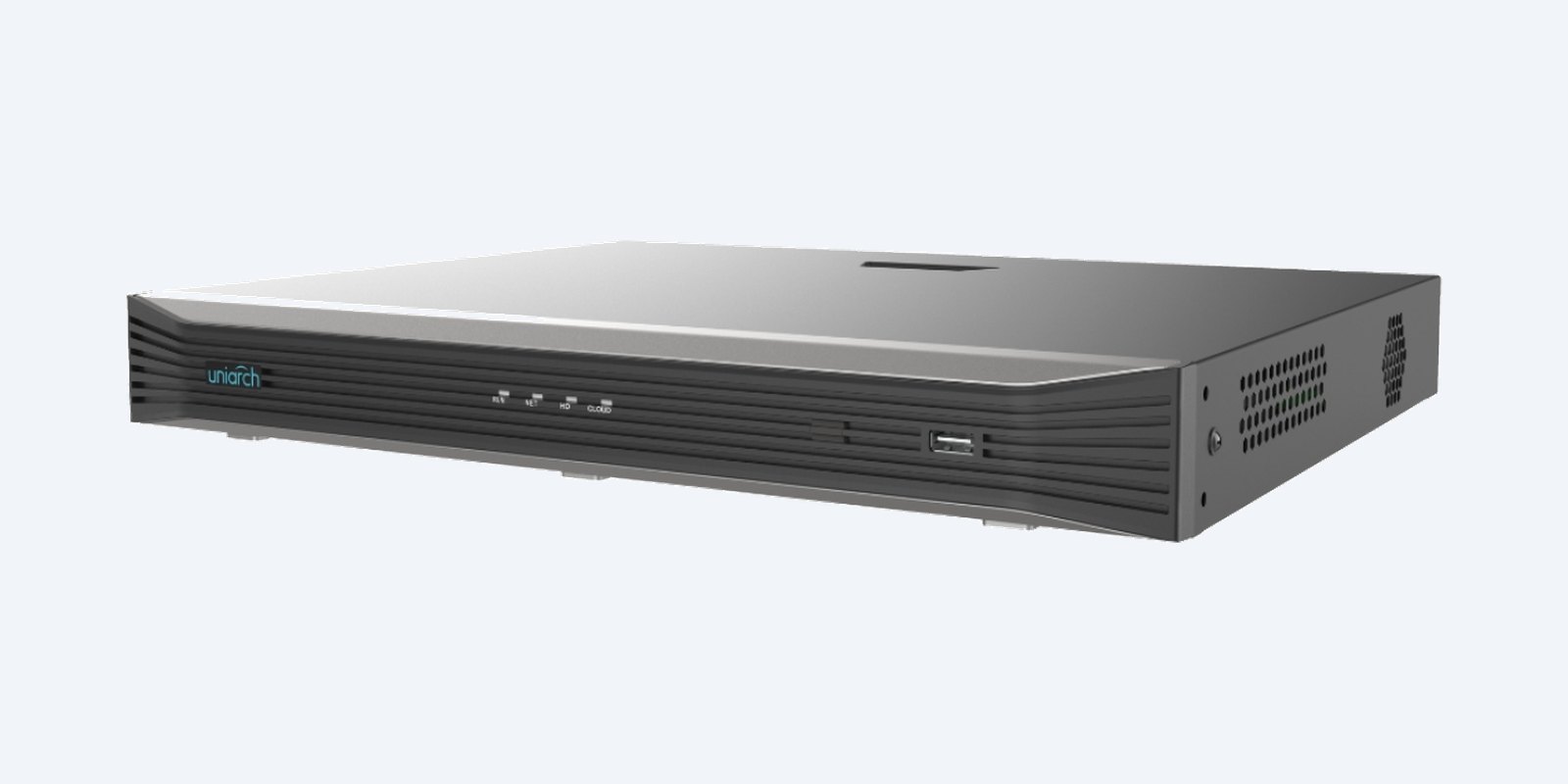 Uniarch NVR-216E-P16 front panel with RUN, NET, HD and CLOUD status lights and USB port
